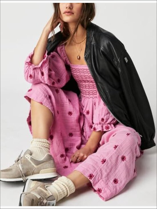 Dresses & Skirts - Womens Floral Embroidered Maxi Dress Long Puff Sleeve Square Neck Bohemian